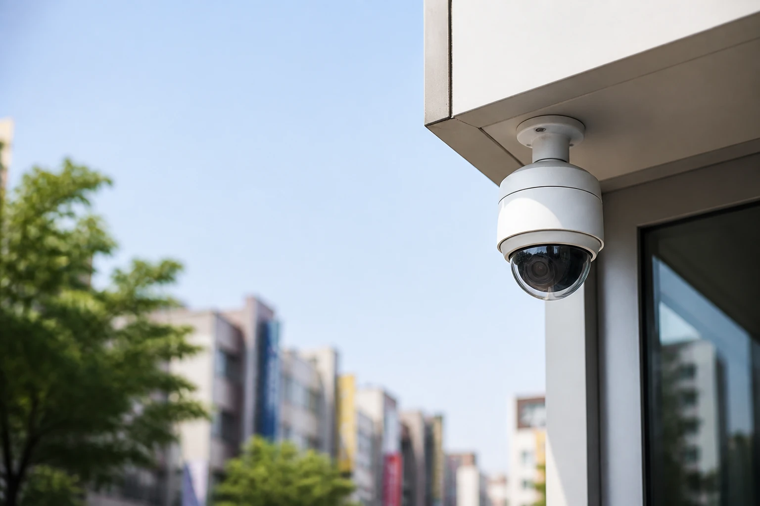 한국 도심 상가 건물 외벽에 설치된 돔형 CCTV 클로즈업