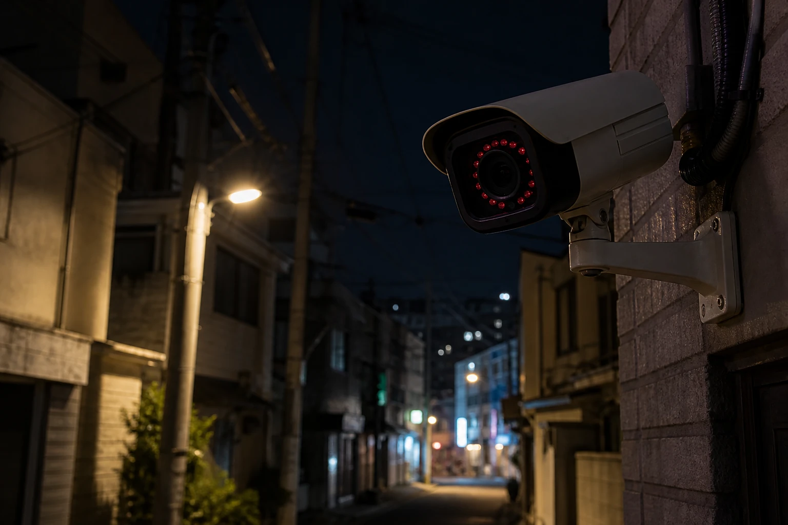 야간 골목길에서 적외선이 켜진 CCTV